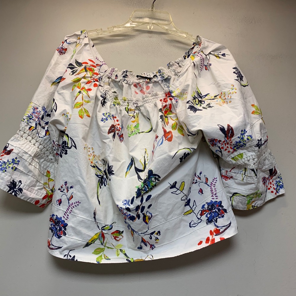 Tanya Taylor Blouse Womens 8 White Floral Off Shoulder Cotton Eyelet Excellent